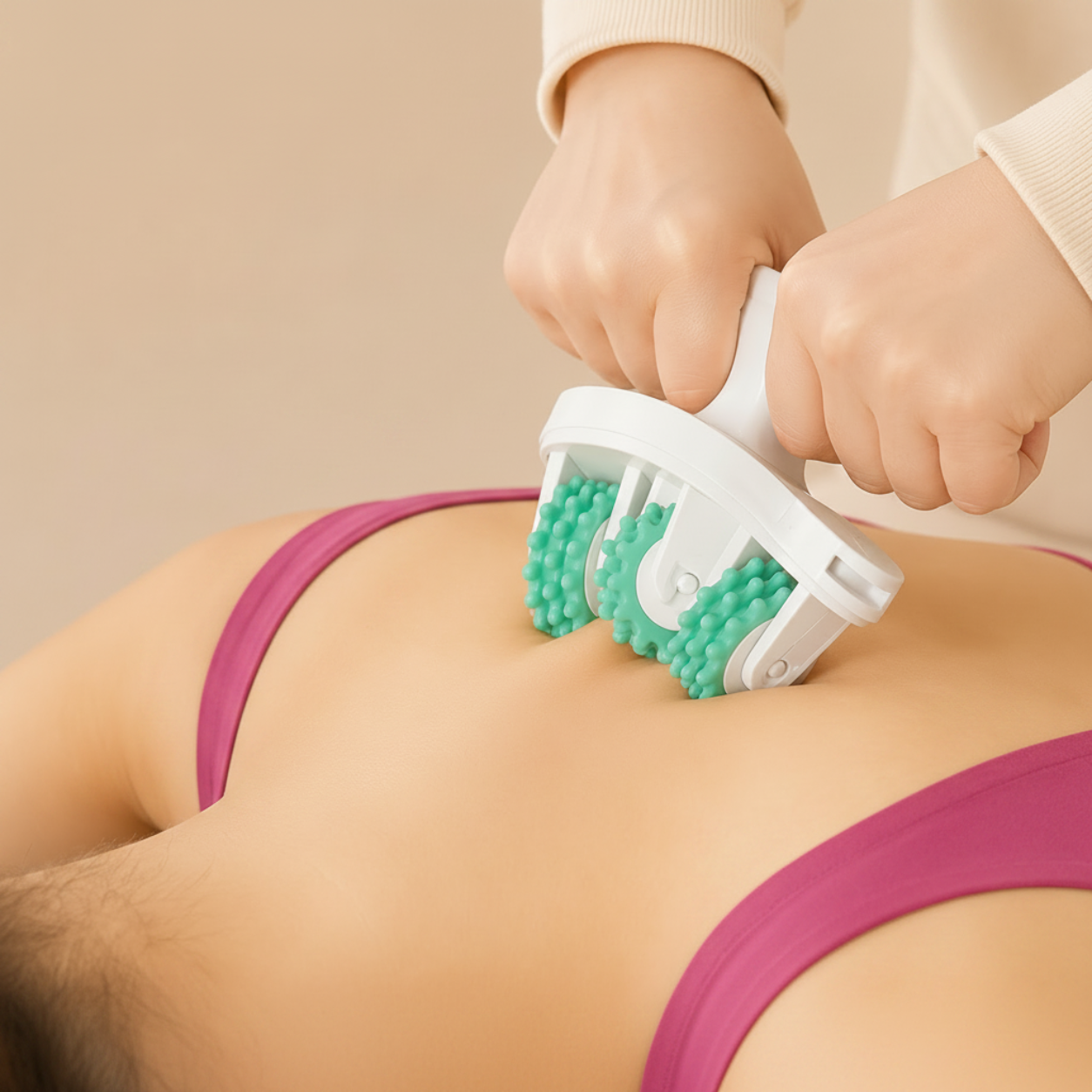 Person using a green and white massage roller on their back against a beige background