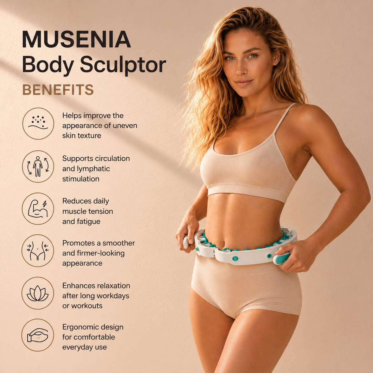 Woman using MUSENIA Body Sculptor with product benefits listed on a beige background