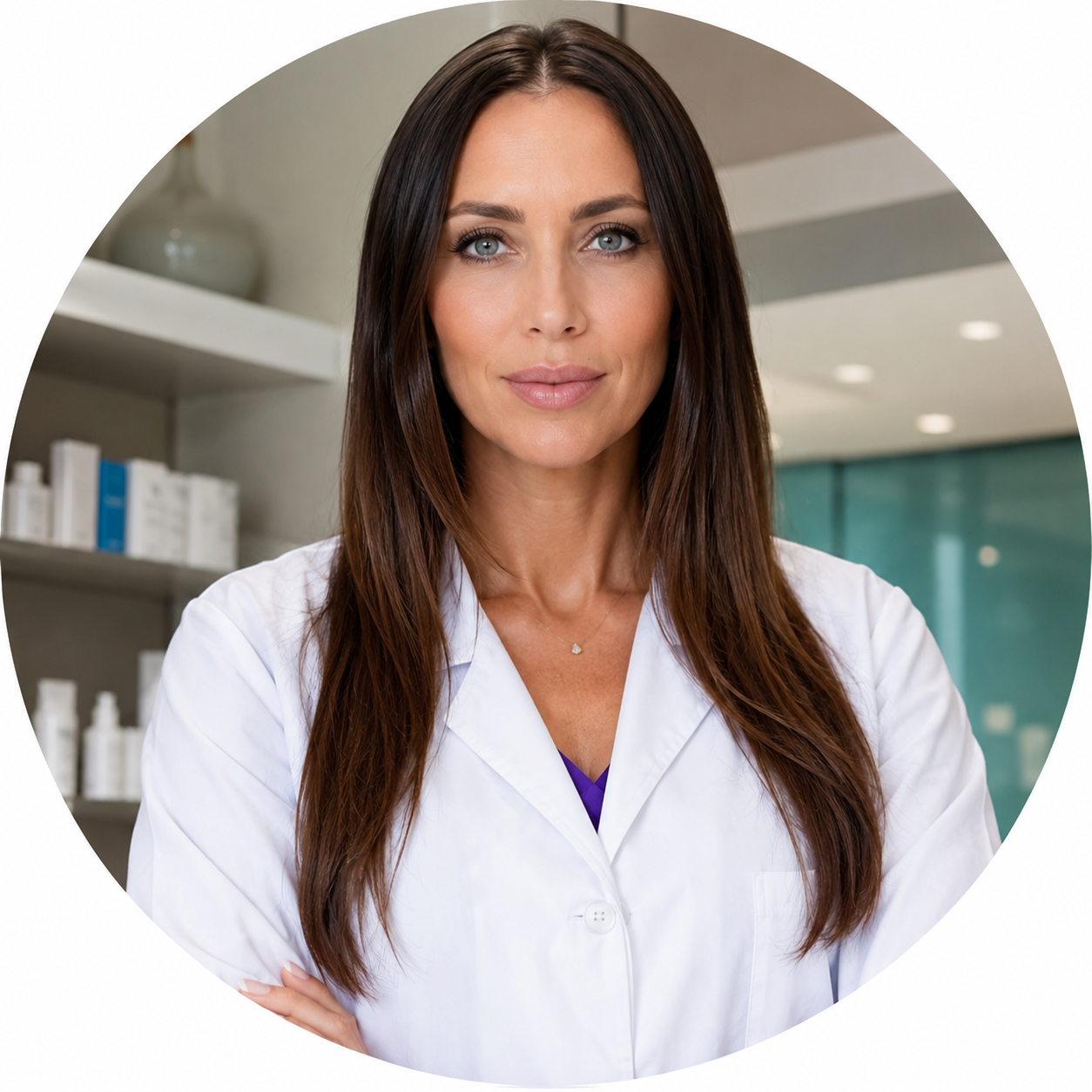 Woman in a white lab coat standing in a clinical setting with shelves of medical supplies.