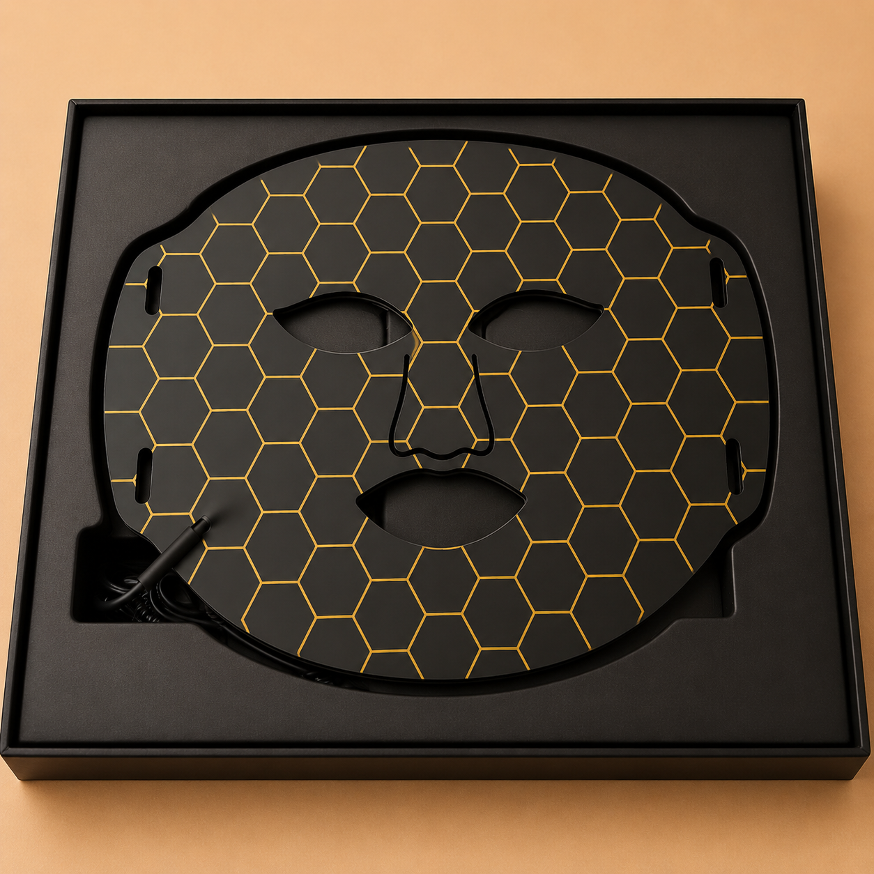 Facial mask with honeycomb pattern in a black box on a beige background